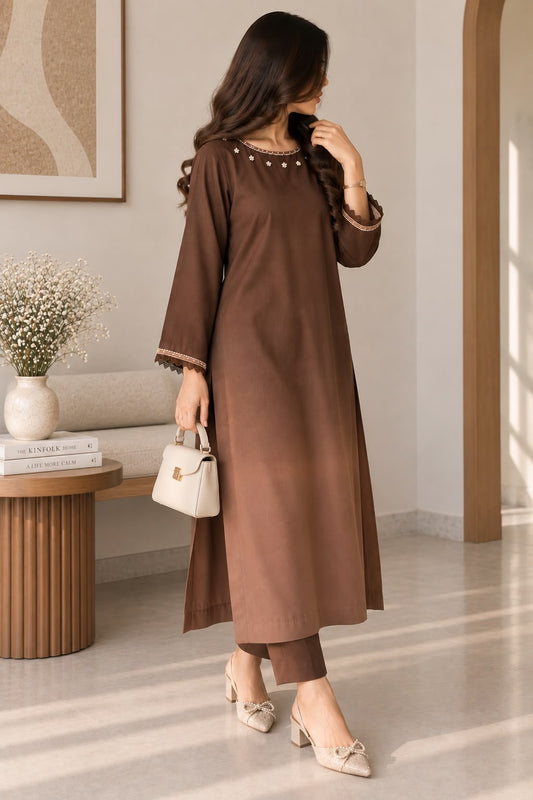Zeyla - Chocolate Brown 2-Piece Embellished Cotton Suit