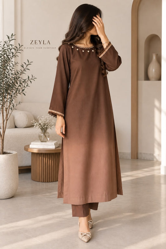 Zeyla - Chocolate Brown 2-Piece Embellished Cotton Suit