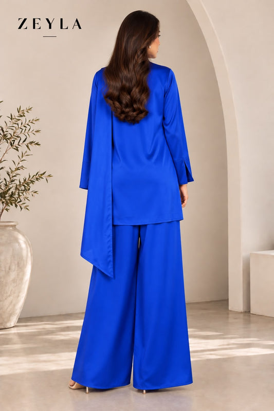 Zeyla - Royal Blue 2-Piece Silk Suit with Scarf Detail