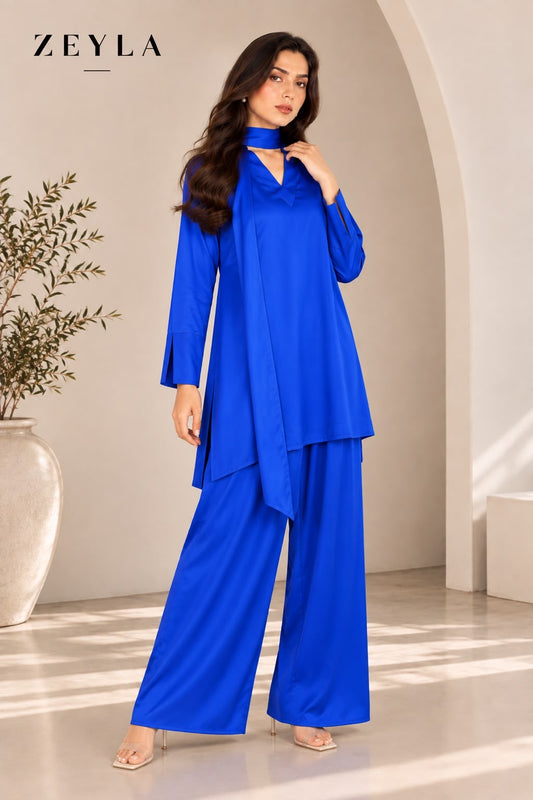 Zeyla - Royal Blue 2-Piece Silk Suit with Scarf Detail