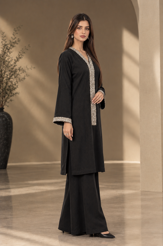 Noir Silver Luxe — Embellished Black Kurta Set