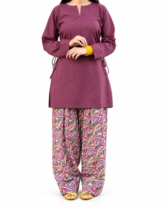 Zeyla – Mulberry Swirl Side-Tie & Printed Shalwar 2-Piece Cotton Suit