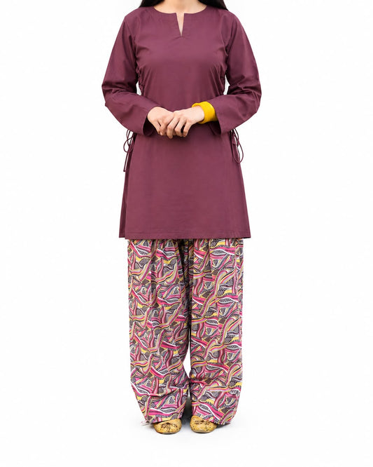 Zeyla – Mulberry Swirl Side-Tie & Printed Shalwar 2-Piece Cotton Suit